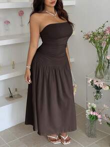 GalTyme Plus Size Solid Color Pleated Casual Everyday Dress - Chocolate Brown - View 3