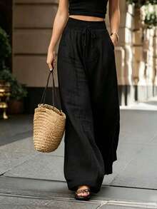 Breezaya Quần ống rộng cạp cao màu trơn, kiểu dáng thanh lịch, phù hợp cho mùa xuân, hè, thu và đông, thích hợp cho kỳ nghỉ, đi làm, mặc hàng ngày, dự tiệc, đi biển, những dịp lãng mạn, đa năng và thời trang cho trang phục thường ngày. - màu đen - Xem 4