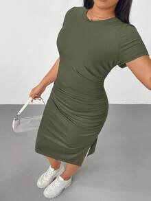 SHEIN Essnce Plus Size Women's Army Green Summer Smart Casual Everyday Short Sleeve Slit Slim Mid-Length Dress,Elastic Fashion Cuffs Comfortable Versatile Basic - Army Green - View 5