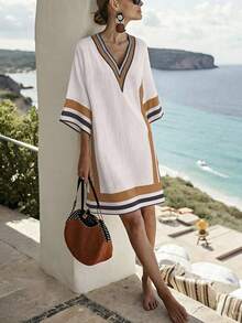 SHEIN Holidaya Women's Casual Vacation V-Neck Colorful Black Striped Short Sleeve Apricot Striped Pattern Crinkled Woven Fabric Midi Dress, Vacation Dress, Striped Dress, Casual Dress, Women's Holiday Dress, Beach Dress, Summer Island Dress, Elegant Dress, Summer Outfit Long Dress, Summer Outfit Striped Dress, Beach Dress - Ginger - View 4
