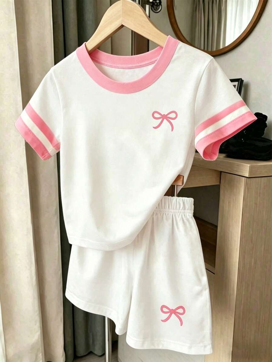 可爱宝宝蝴蝶结印花撞色短袖短裤两件套，轻薄夏季套装，幼儿休闲运动服，条纹日常舒适姐妹装，粉白配色 - 彩色 - 查看 1