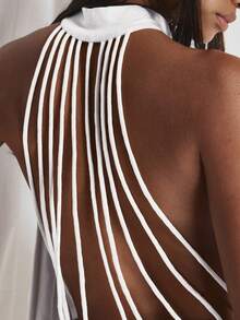 MUSERA High Neck Voluminous Ruched Waistband Panelled Open Back Top Cute Holiday Sexy Night Out Vacation Spring Summer Elegant Soleil Drape - White - View 6
