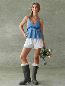 WESTFADE Áo babydoll denim cổ chữ V thắt nơ bên hông - Rửa nhẹ - Xem 5