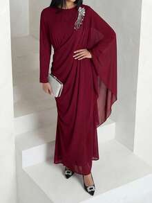 Veilorie Women's Elegant Rhinestone Decor Asymmetrical Sleeve Ruched Waist Arabic Style Dress - Burgundy - View 5