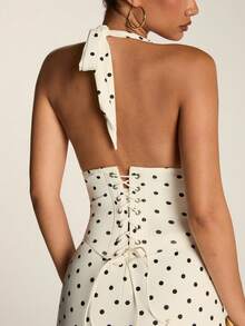 SHEIN BAE Women's Polka Dot Print Fitted Sexy Halter Neck Camisole - Black and White - View 2