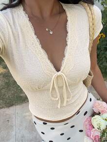 SHEIN EZwear White Knit Bodycon T-Shirt For Women,Summer Top - Apricot - View 1