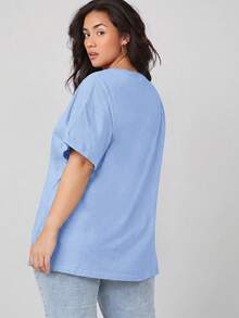SHEIN BASICS 大码女式纯色圆领短袖休闲百搭T恤 - 藍色 - 查看 2