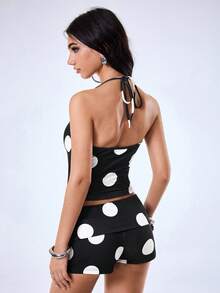 Y2Kool Vecteezy Set di top corto e pantaloncini a pois con colori a contrasto in stile Y2K, abbigliamento casual da strada adatto per donna, ideale per feste, vacanze, spiaggia, festival musicali e uso quotidiano in primavera/estate - Bianco e nero - Visualizzare 2