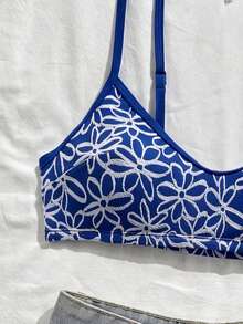 Swim Mod Bộ bikini hai mảnh mùa hè dành cho nữ, kiểu dáng dễ thương, ngọt ngào, chất liệu dệt kim jacquard họa tiết hoa, gồm áo hai dây và áo tam giác cổ chữ V. - Màu xanh lam - Xem 5
