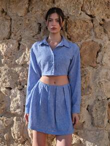 CasuGlow Pastal Linen Two Pieces Set – Button-Up Shirt And Pleated Mini Skirt Golf Summer Sexy - Blue - View 2