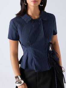 LYSMO Áo khoác blazer nữ kẻ sọc xếp ly, kiểu dáng thường ngày, đa năng, nhẹ nhàng, thích hợp mặc hàng ngày. - Màu xanh hải quân - Xem 1