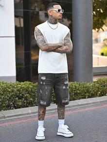 Devon Thys Men's Casual Distressed Straight Leg Denim Shorts, Dark Grey, Street Style For Spring/Summer - Dark Grey - View 1