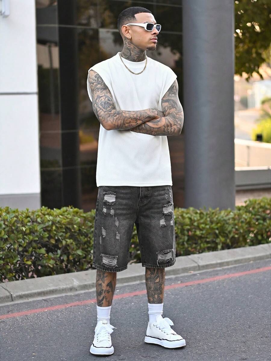 Devon Thys Men's Casual Distressed Straight Leg Denim Shorts, Dark Grey, Street Style For Spring/Summer - Dark Grey - View 1