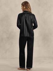 EverLounge Contrast Piping Satin PJ Set / Pajama Set, Fall Winter Clothes Cozy And Elegant Details - Black - View 2
