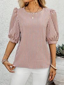 EMERY ROSE Women's Casual Vacation & Commute Plaid Print Lantern Sleeve Loose Blouse, Summer - Multicolor - View 5