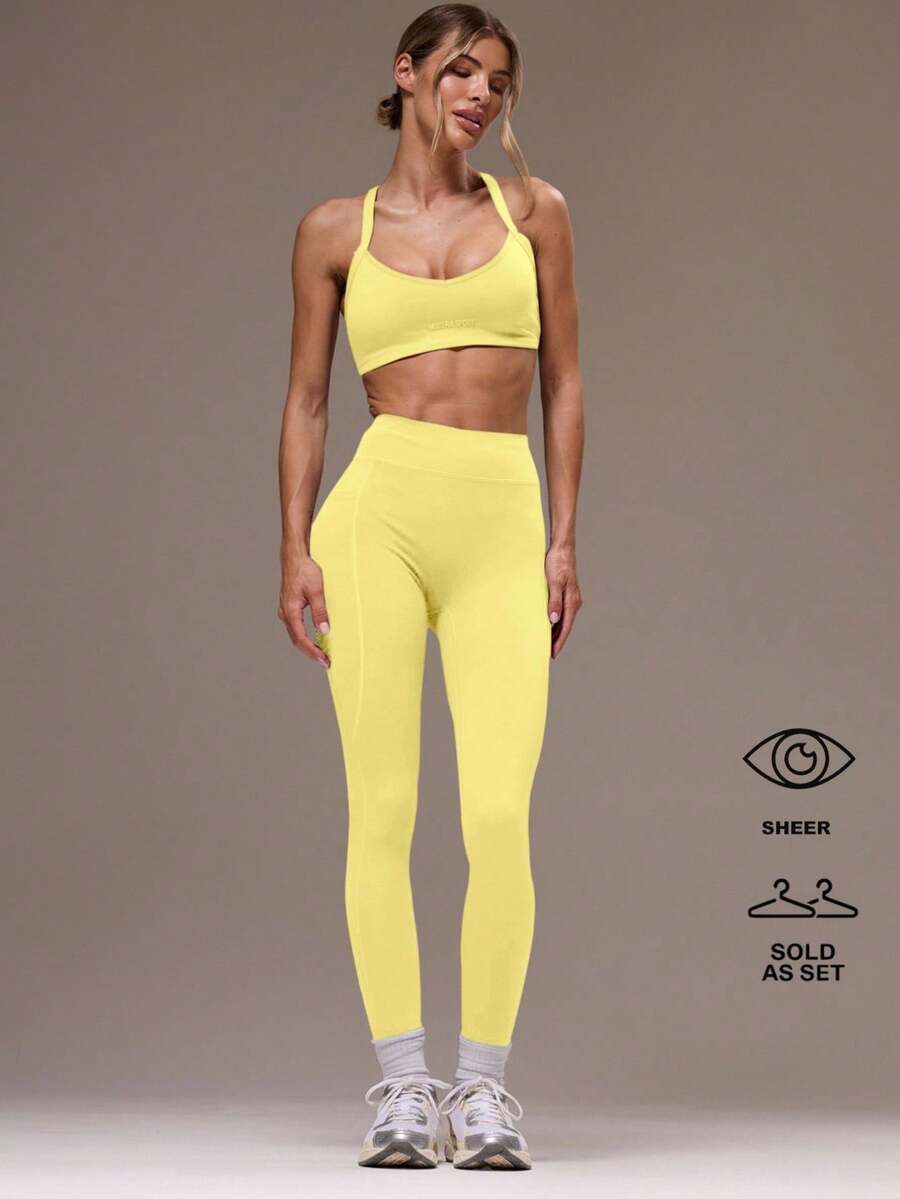 Musera Sport 女士交叉露背上衣和紧身裤运动套装,适合健身房锻炼 - 黃色 - 查看 1