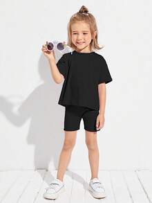 Young Girl Summer Casual Daily Commute Simple Solid Color Drop Shoulder Loose T-Shirt And Fitted Shorts Set - Black - View 4