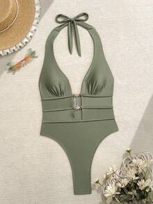 Swim Basics Áo tắm liền thân hở lưng cổ chữ V gợi cảm mới dành cho nữ, trang phục đi biển phong cách boho mùa hè. - Màu xanh Ô liu - Xem 2