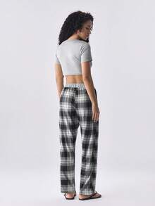 Loungeista Set Piyama Wanita 2 Potong Atasan Lengan Pendek Leher Bulat Bermotif + Celana Panjang Lurus Pinggang Elastis untuk Musim Panas - Grey - View 3