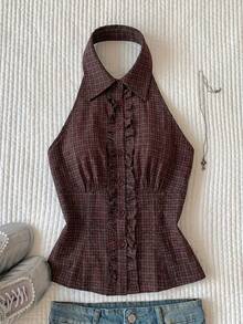 Comfortcana Áo kiểu nữ thời trang xuân/hè 2026 mới, họa tiết kẻ caro đỏ, không tay, xếp ly phía sau, thích hợp mặc đi làm hàng ngày, áo khoác ngoài mùa hè, áo sơ mi nữ thanh lịch, áo casual đi nghỉ mát, kiểu dáng Y2K, áo mùa hè thập niên 2000. - Đỏ - Xem 9