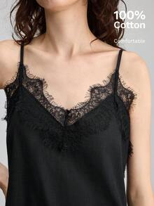 Ontre 女款黑色夏季優雅夜出細肩帶長版上衣，紋理布料蕾絲飾邊不對稱下擺修身休閒通勤穿搭 - 黑色 - 查看 6