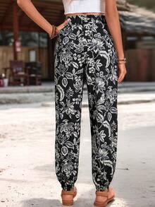 Breezaya Women's Tropical Plant Print Pocket Drawstring Waist Tapered Leg Pants, Spring/Summer - Black - View 2