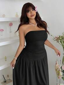 GalTyme Plus Size Summer Minimalist Solid Color Ruched Bandeau Dress - Black - View 7