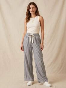 Palazzo Striped Pants With Elastic Waist - Grey - View 3