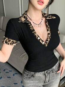 DAZY 女士豹纹拼接领短袖修身休闲T恤 - 黑色 - 查看 8