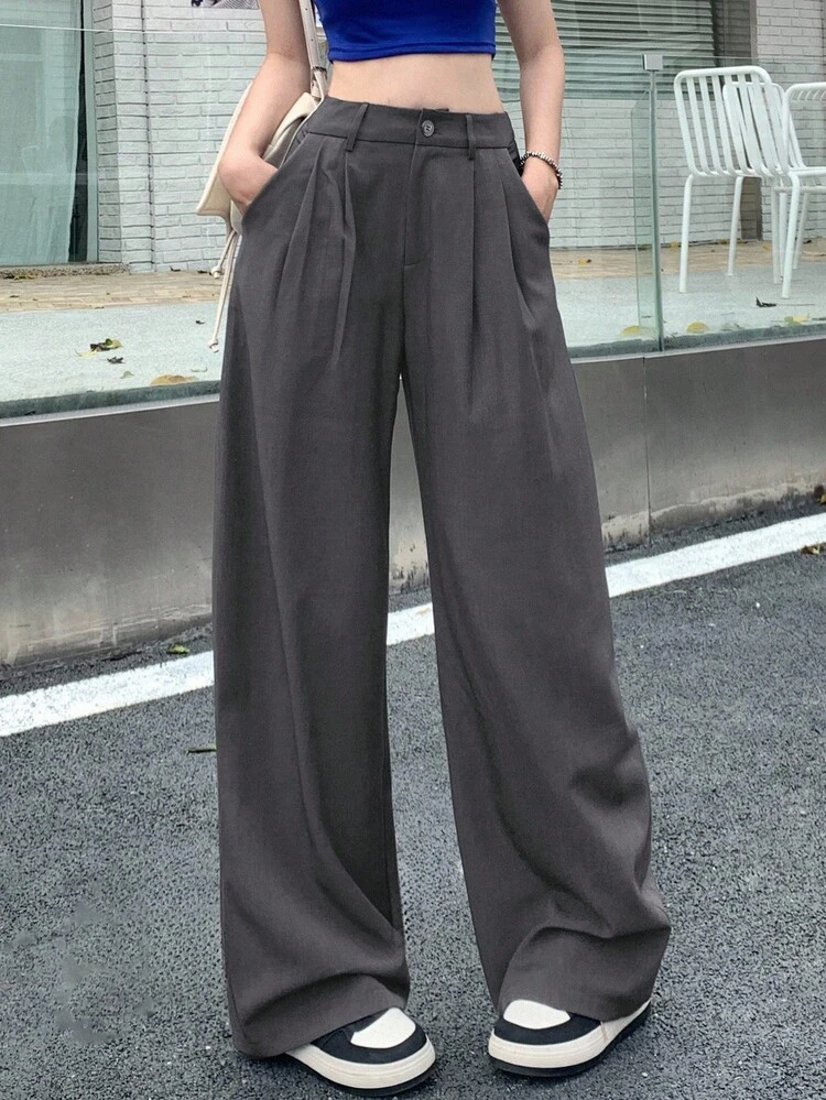 Women's Pleated Regular Waist Loose Straight Leg Casual Suit Pants