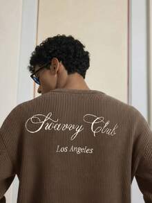 SWAVVY Men's Casual Letter Embroidery Round Neck Ribbed Knit Drop Shoulder Sweater, Autumn/Winter - Brown - View 6