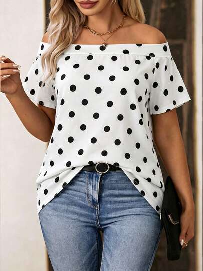 EMERY ROSE Plus Size Women's Polka Dot Print Off-Shoulder Short Sleeve T-Shirt