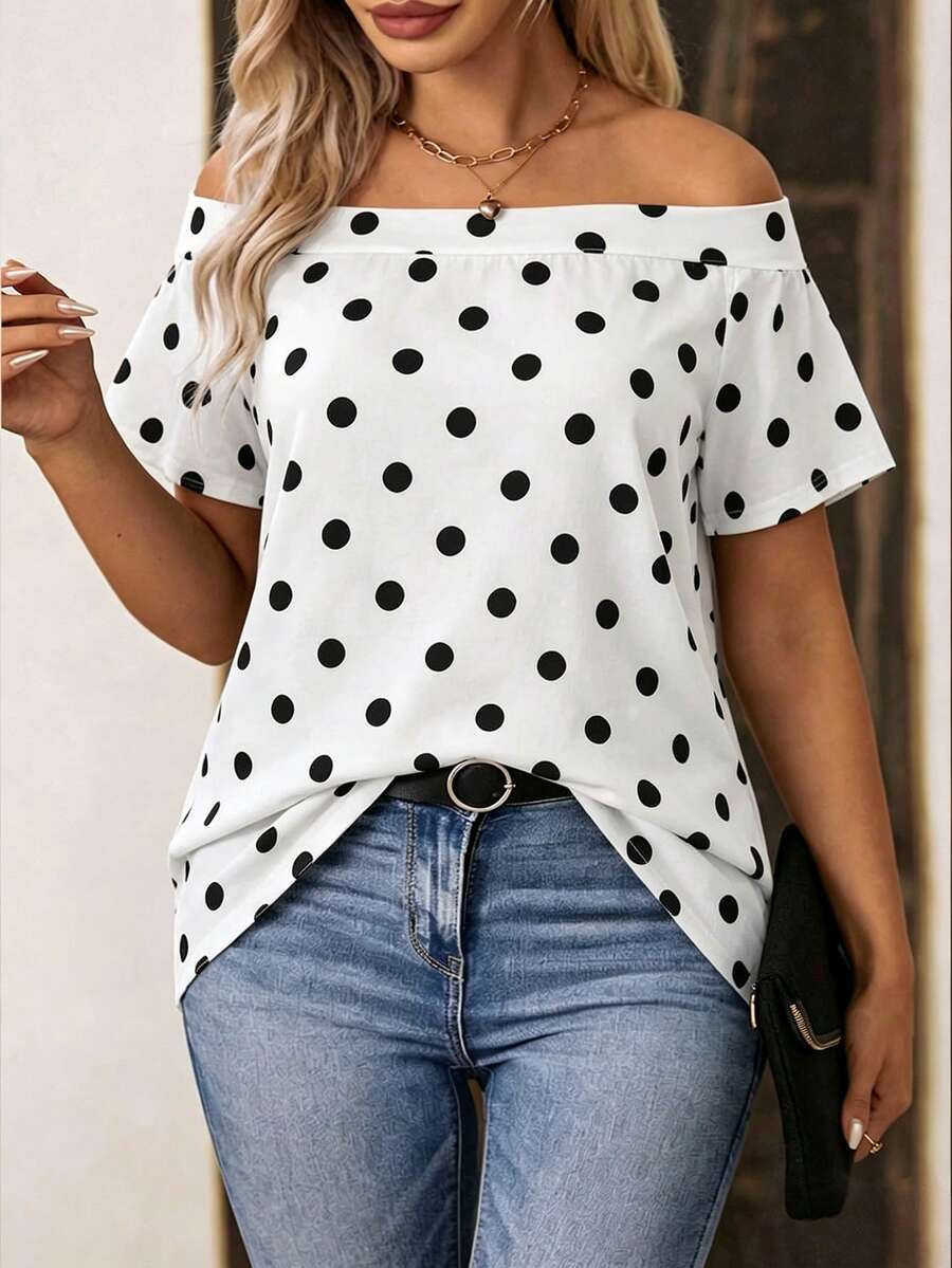 EMERY ROSE Plus Size Women's Polka Dot Print Off-Shoulder Short Sleeve T-Shirt - Multicolor - View 1