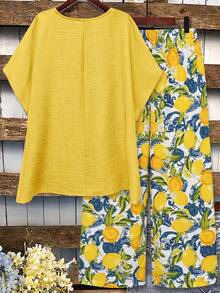 Plus Size Women's Solid Color Round Neck Batwing Sleeve Top And Allover Print Casual Pants Set,Yellow,Summer,Boho,Vacation,Holiday Ladies Outfit Suit - Yellow - View 2