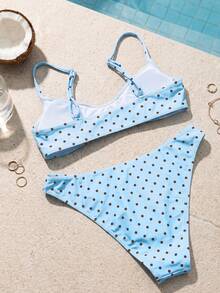 Swim Mod 2件組女款淺藍色花卉夏季可愛熱帶海灘度假時尚套裝 波點印花可調節比基尼上衣 - 彩色 - 查看 2