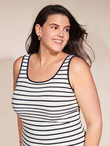 SHEIN BASICS 大码女士条纹修身休闲吊带连衣裙 - 藍白色 - 查看 4