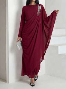 Veilorie Women's Elegant Rhinestone Decor Asymmetrical Sleeve Ruched Waist Arabic Style Dress - Burgundy - View 4