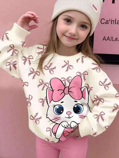 SHEIN Cream White, Cute Sweet Leopard Bow, Cartoon Cat Heart Print Loose Fit Casual Round Neck Comfortable Long Sleeve Sweatshirt, Suitable For Daily Wear, Christmas, Street Style, Home, Vacation, Cozy Season, Autumn & Winter Outfits, Easy Comfort, Autumn & Winter Layers For Girls, Stylish Girls, Casual Wear, Kids Graphic Clothes, Fall & Winter Clothes, Chic Autumn, Fall New Style, Homecoming