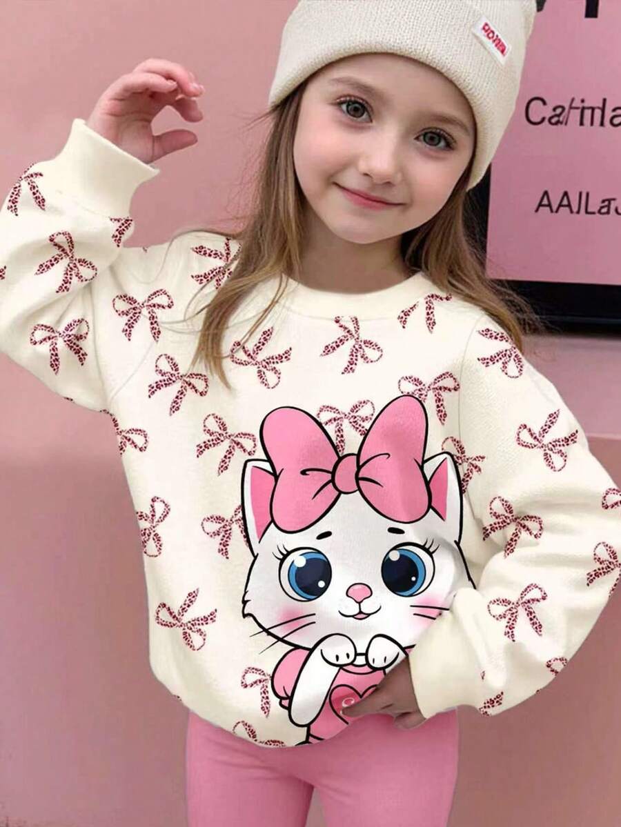 SHEIN 女童少女粉色冬季返校秋季運動衫,奶油白可愛甜美蝴蝶結卡通印花寬鬆圓領長袖校服 - 彩色 - 查看 1