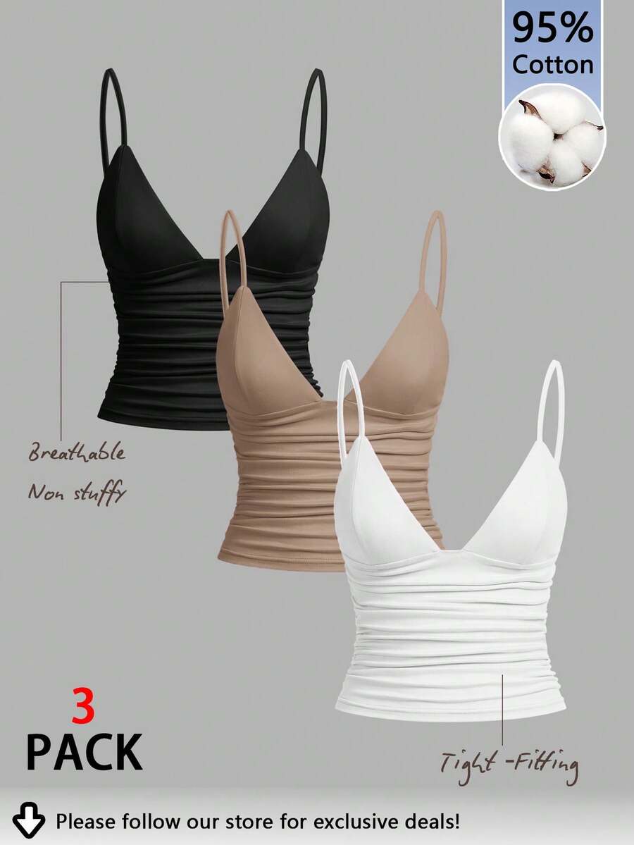 Tseoso Set di 3 canotte a fascia aderenti con arricciature in cotone al 95% nei colori nero, bianco e marrone - Abbigliamento sportivo estivo e per tutte le stagioni per sport, fitness, palestra, dormitorio, stile "soft girl", "clean girl", ritorno a scuola e abbigliamento da spiaggia - Multicolore - Visualizzare 1
