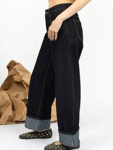 PRISCILA ESCOTO PRISCILA ESCOTO 女式复古水洗蓝色直筒 7/8 牛仔裤，卷边下摆，休闲商务百搭宽松牛仔裤，秋季 - 深色水洗藍 - 查看 6