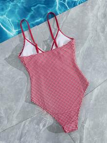 Swim Mod 26SS Spring/Summer Cute Strawberry Plaid Ruffle V-Neck One-Piece Swimsuit For Women Vacation Red Cute - Multicolor - View 6