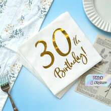 20pcs White & Gold Printed 30th Birthday Party Napkins, 6.5*6.5inch, Made Of Original Pulp, Suitable For Hotel Restaurant Bar Disposable Tableware Napkin Valentine DAY, Valentines Wedding, Birthday - Multicolor - View 1