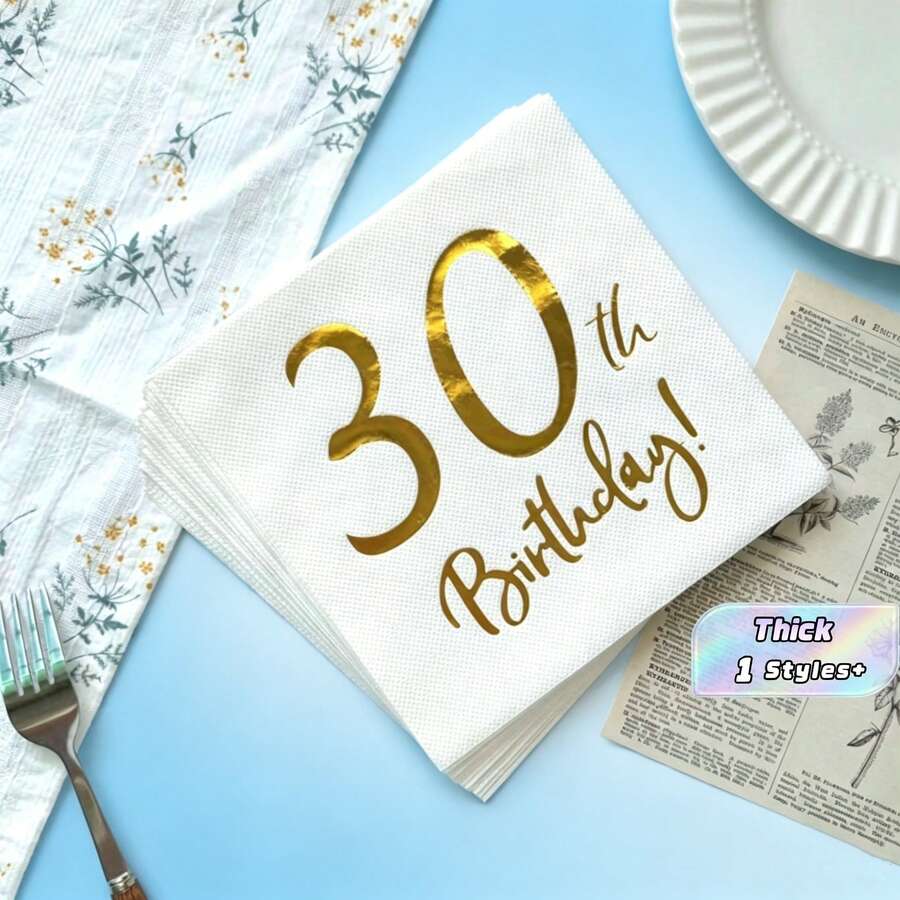 20pcs White & Gold Printed 30th Birthday Party Napkins, 6.5*6.5inch, Made Of Original Pulp, Suitable For Hotel Restaurant Bar Disposable Tableware Napkin Valentine DAY, Valentines Wedding, Birthday - Multicolor - View 1