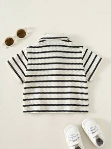 SHEIN Áo khoác cardigan tay ngắn cổ bẻ, họa tiết kẻ sọc, đa năng, phong cách thường ngày cho bé trai. - Nhiều màu - Xem 2