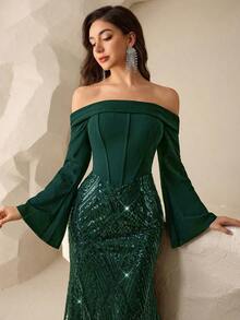 Coutiva Women's Beaded One-Piece Formal Wedding Guest Prom Prom Night Evening Gown (Heavily Embellished) Sage Green Fall Romantic Sexy - Dark Green - View 9