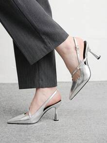 CUCCOO BIZCHIC Women Shoes Silver Metallic Back Strap Shoes, Rhinestone Buckle Decoration, Shining Dinner Party Dating Temperament Pointed Shoes - Silver - View 6