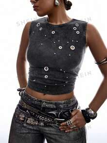 LYSMO Plus Size Casual Minimalist Y2K Style Washed Sleeveless Top - Dark Grey - View 4
