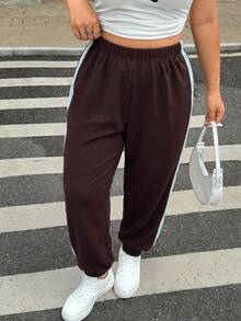 SHEIN EZwear Quần jogger thể thao phối màu, cạp chun co giãn dành cho nữ, phù hợp cho mùa tốt nghiệp, mùa tựu trường và cho giáo viên. - màu nâu - Xem 5