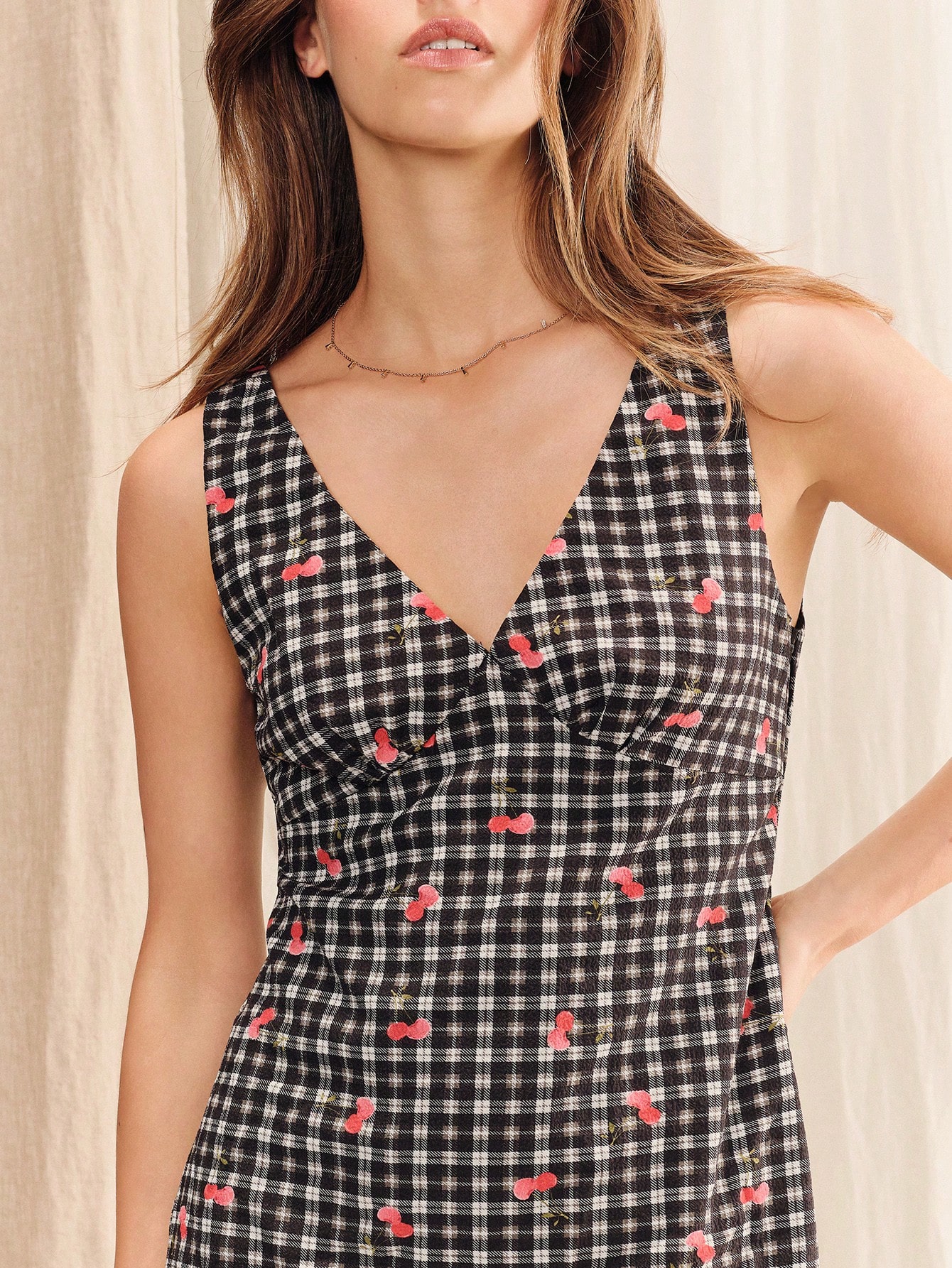 Black Mini Dress With A Checkered And Floral Pattern V-Neckline At The Front And Back Cute Summer Dress Feminine Casual Holiday Dress French Style Dress